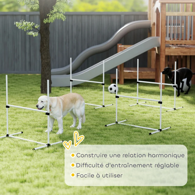 Lot de 4 obstacles d'agilité pour chien jardin 99 x 65 x 94 cm hauteur réglable sac transport moderne en plastique blanc 21_0007516