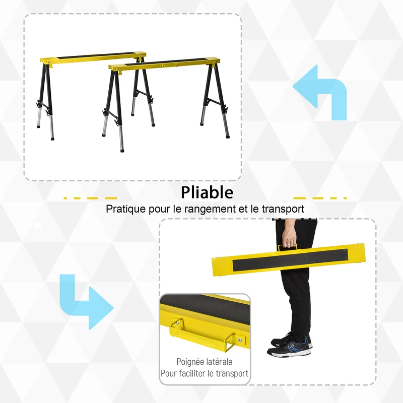 Lot de 2 tréteaux pliables télescopiques bricolage réglables 100 x 60 x 62-90 cm antidérapants industriel en métal noir 21_0007082