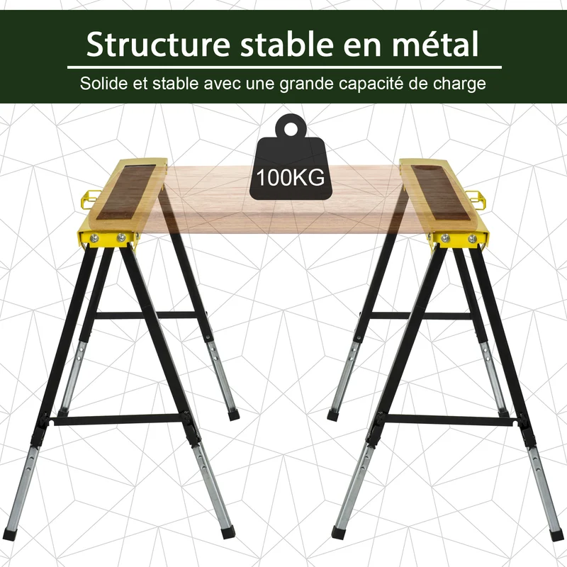 Lot de 2 tréteaux pliables télescopiques bricolage réglables 100 x 60 x 62-90 cm antidérapants industriel en métal noir 21_0007082