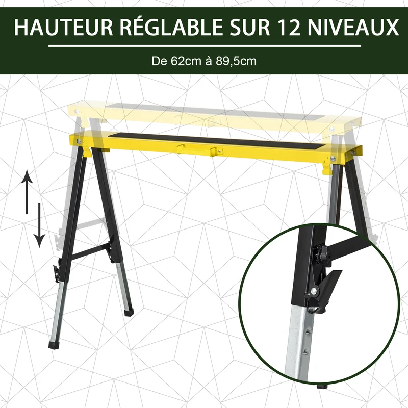 Lot de 2 tréteaux pliables télescopiques bricolage réglables 100 x 60 x 62-90 cm antidérapants industriel en métal noir 21_0007082