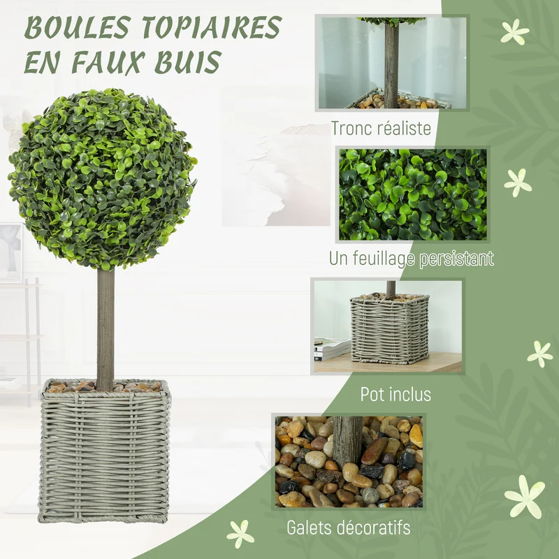 Lot de 2 topiaires de buis artificiels pour salon 50 x 15 x 15 cm sans arrosage design contemporain en plastique vert 21_0001398