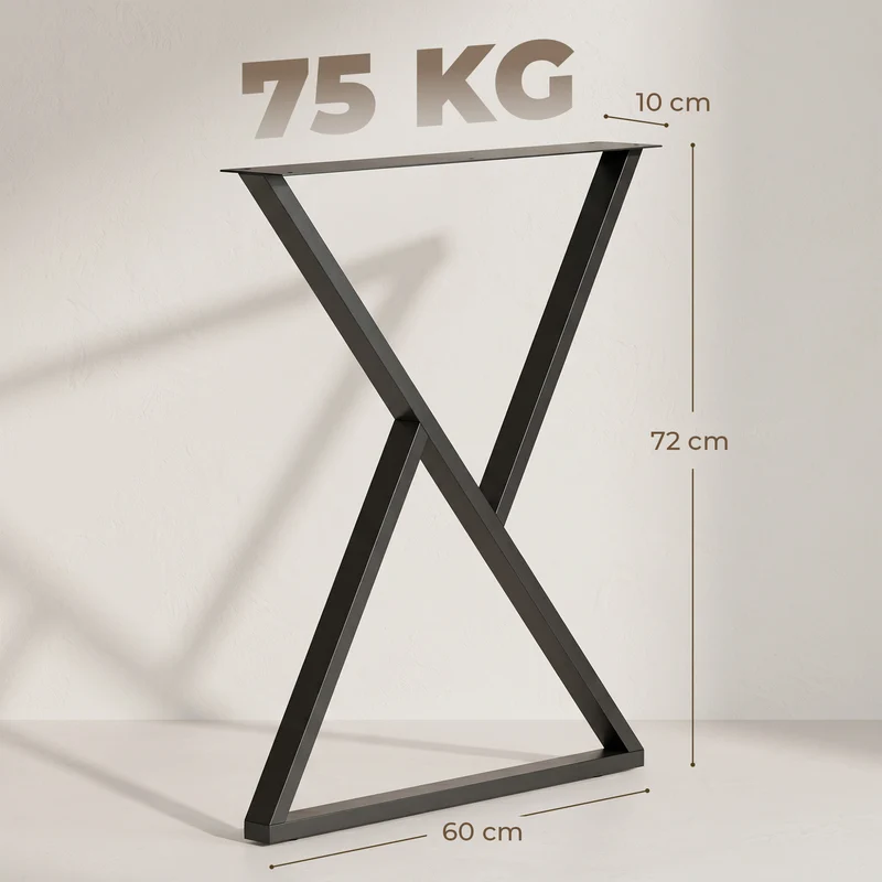 Lot de 2 pieds de table en forme x 60 x 72 cm pour bureau patins réglables stabilité style industriel en acier noir 21_0007152
