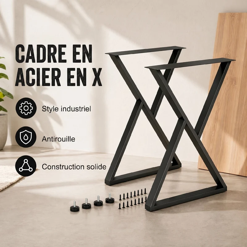 Lot de 2 pieds de table en forme x 60 x 72 cm pour bureau patins réglables stabilité style industriel en acier noir 21_0007152
