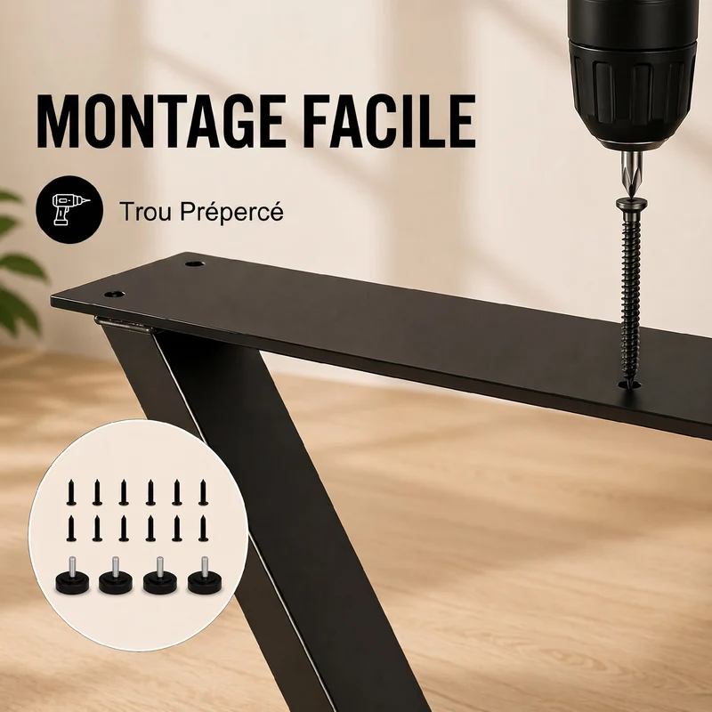 Lot de 2 pieds de table en forme x 60 x 72 cm pour bureau patins réglables stabilité style industriel en acier noir 21_0007152