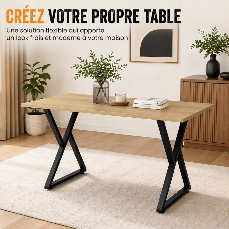 Lot de 2 pieds de table en forme x 60 x 72 cm pour bureau patins réglables stabilité style industriel en acier noir 21_0007152