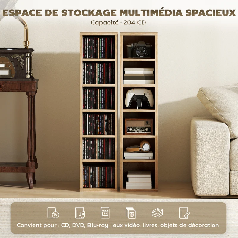 Lot de 2 colonnes cd 21 x 22.5 x 88.5 cm 204 cd grande capacité anti basculement moderne en panneaux de particules chêne 21_0001801