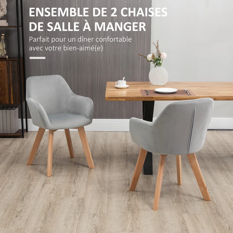 Lot de 2 chaises de salle à manger rembourrées dossier incurvé 54 x 57 x 80 cm scandinave contemporain en tissu gris 21_0002290