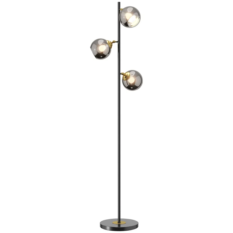 Lampadaire sur pied salon 36 x 162 cm éclairage tamisé 3 globes design contemporain pied fin base stable en métal noir 21_0007028