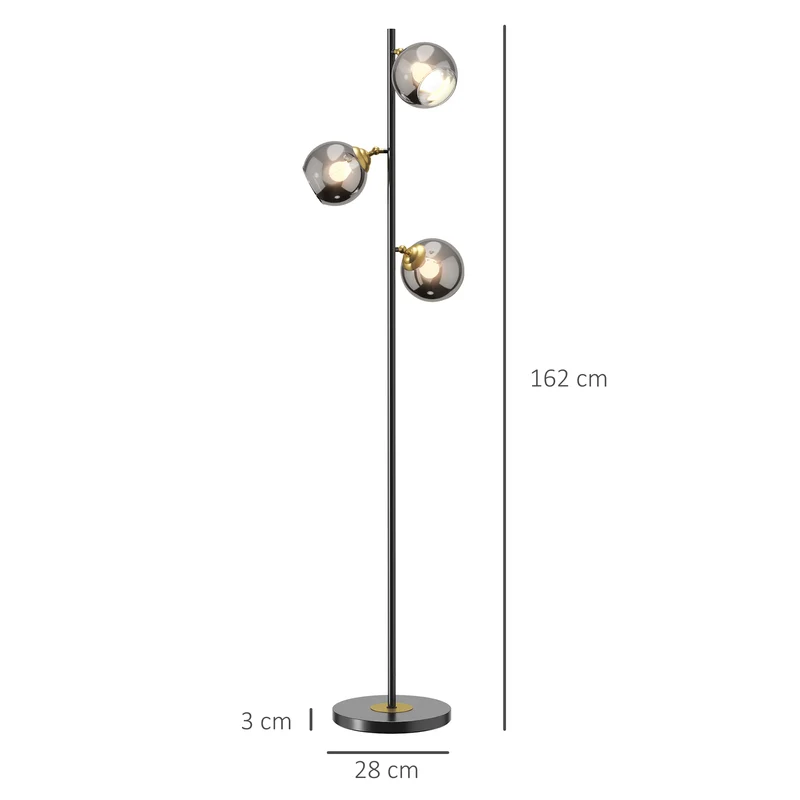 Lampadaire sur pied salon 36 x 162 cm éclairage tamisé 3 globes design contemporain pied fin base stable en métal noir 21_0007028