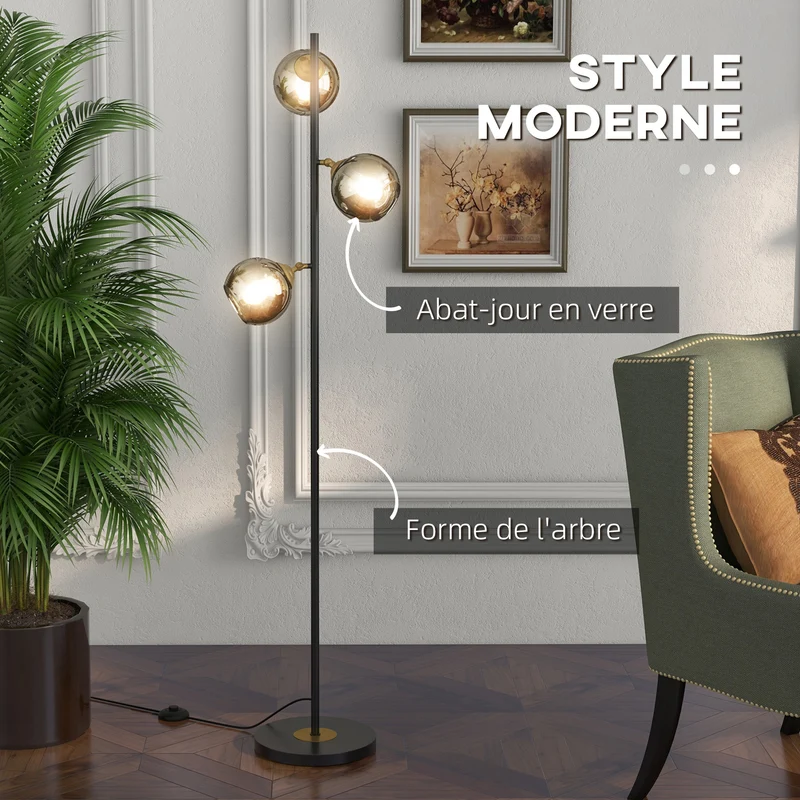 Lampadaire sur pied salon 36 x 162 cm éclairage tamisé 3 globes design contemporain pied fin base stable en métal noir 21_0007028