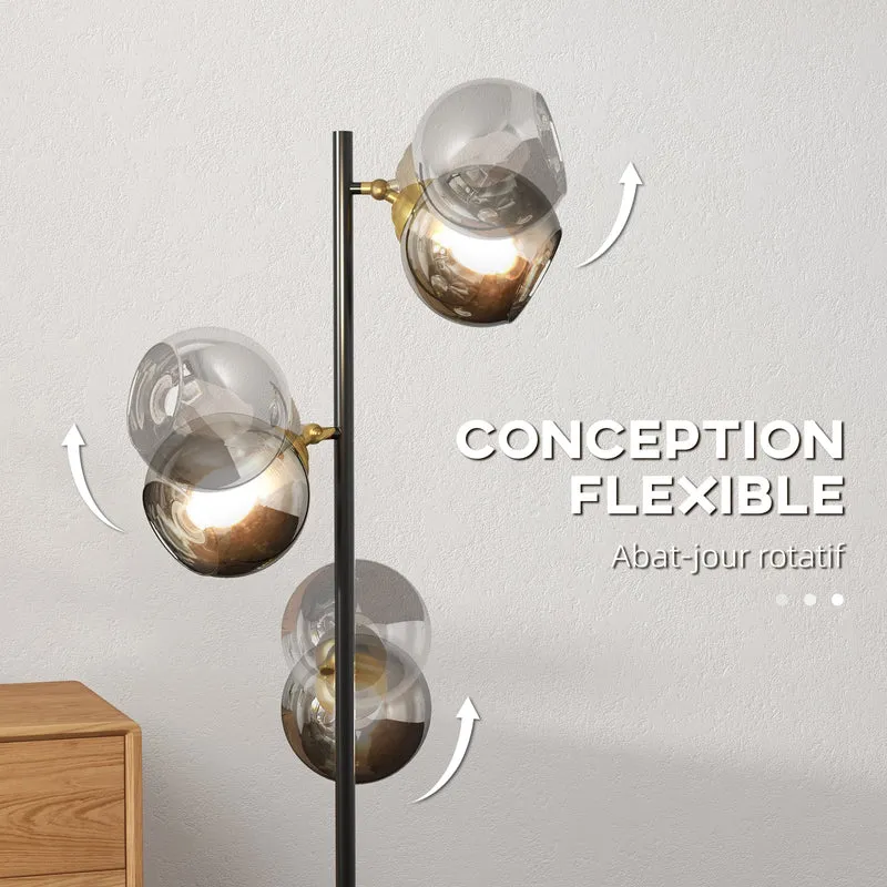 Lampadaire sur pied salon 36 x 162 cm éclairage tamisé 3 globes design contemporain pied fin base stable en métal noir 21_0007028