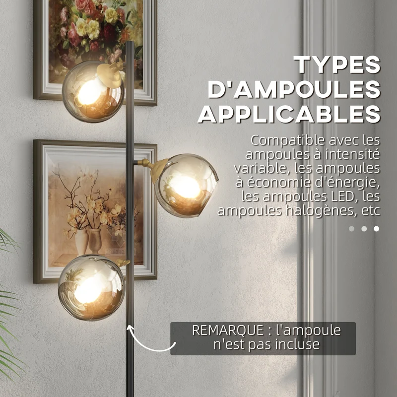 Lampadaire sur pied salon 36 x 162 cm éclairage tamisé 3 globes design contemporain pied fin base stable en métal noir 21_0007028