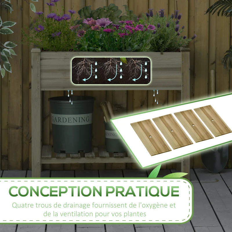 Jardinière surélevée potager 91 x 51 x 76 cm étagère de rangement drainage intégré pour balcon rustique en bois marron 21_0004265