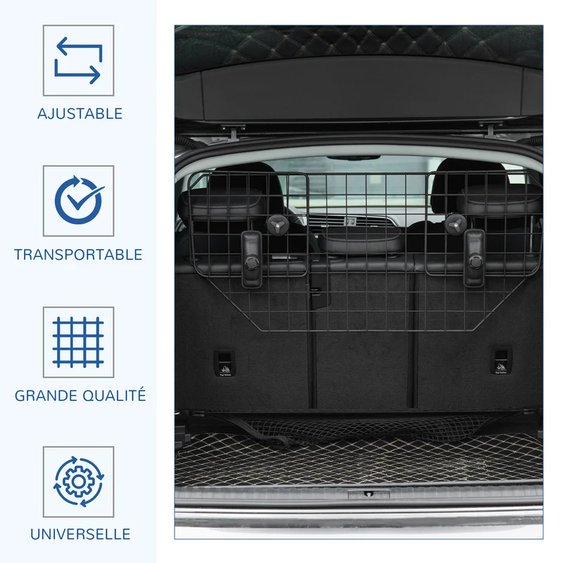 Grille de protection compacte pour chien largeur réglable 90-120 x 40,5 cm pour coffre moderne épuré en métal noir 21_0007223
