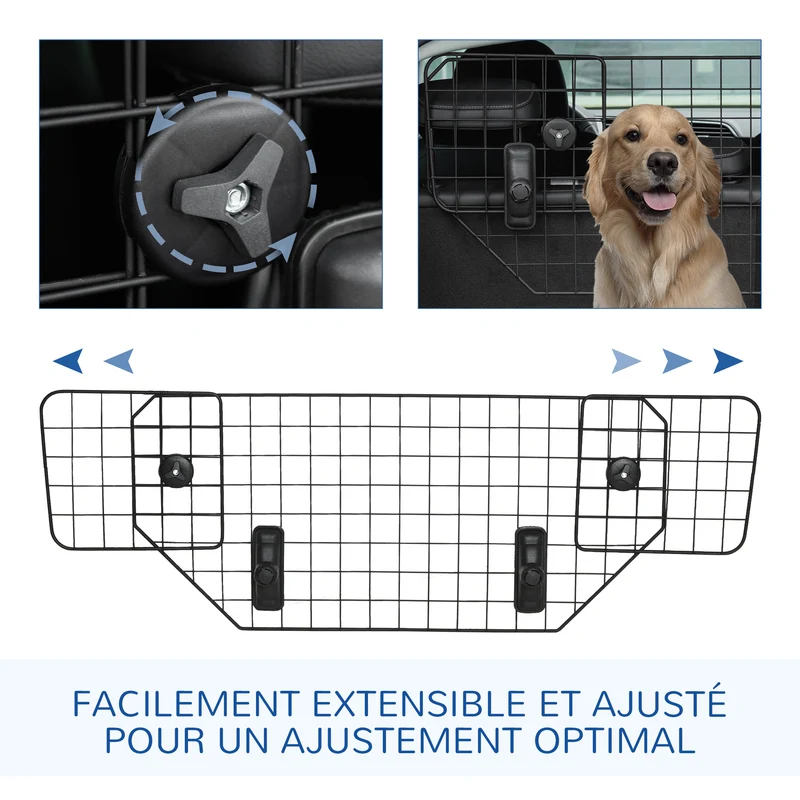 Grille de protection compacte pour chien largeur réglable 90-120 x 40,5 cm pour coffre moderne épuré en métal noir 21_0007223