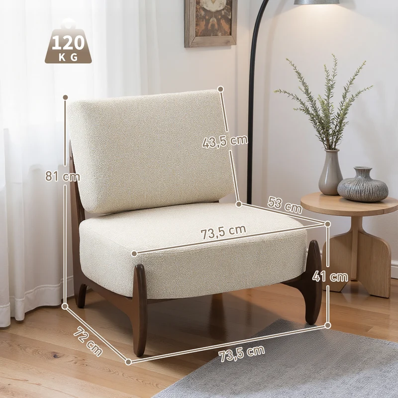 Fauteuil salon chambre enveloppant 72 x 73.5 x 81 cm assise rembourrée épaisse moderne minimaliste en chenille crème 21_0003613