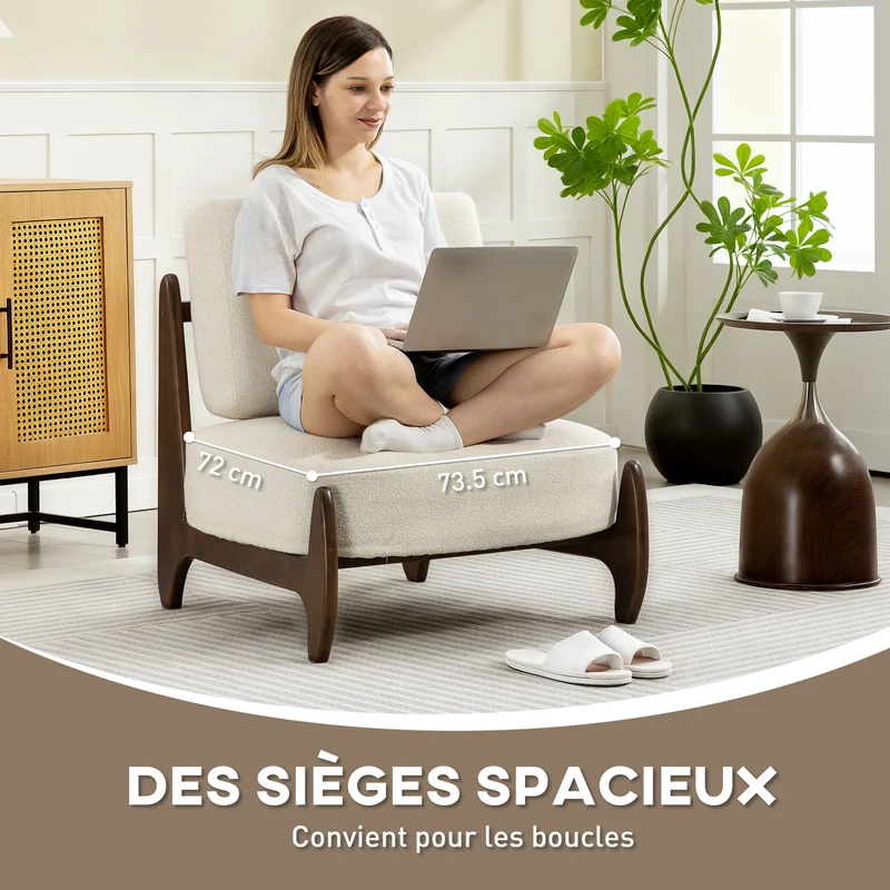 Fauteuil salon chambre enveloppant 72 x 73.5 x 81 cm assise rembourrée épaisse moderne minimaliste en chenille crème 21_0003613