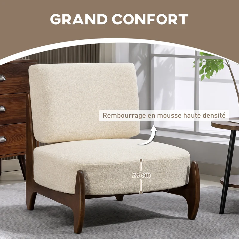 Fauteuil salon chambre enveloppant 72 x 73.5 x 81 cm assise rembourrée épaisse moderne minimaliste en chenille crème 21_0003613