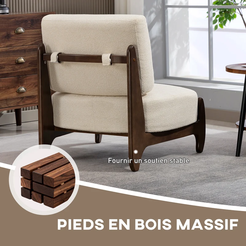 Fauteuil salon chambre enveloppant 72 x 73.5 x 81 cm assise rembourrée épaisse moderne minimaliste en chenille crème 21_0003613