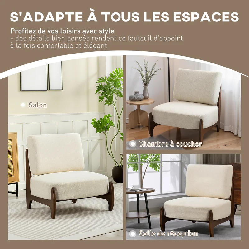 Fauteuil salon chambre enveloppant 72 x 73.5 x 81 cm assise rembourrée épaisse moderne minimaliste en chenille crème 21_0003613