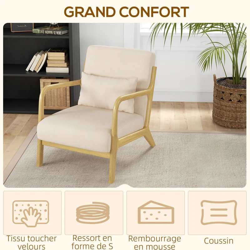 Fauteuil relax assise profonde 61 x 78 x 76 cm dossier incliné accoudoirs cocooning contemporain en polyester beige 21_0003090