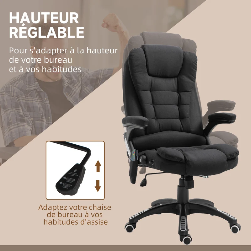 Fauteuil de bureau 68 x 72 x 110-120 cm massant chauffant moderne design ambiance cosy finition mate en polyester noir 21_0006151