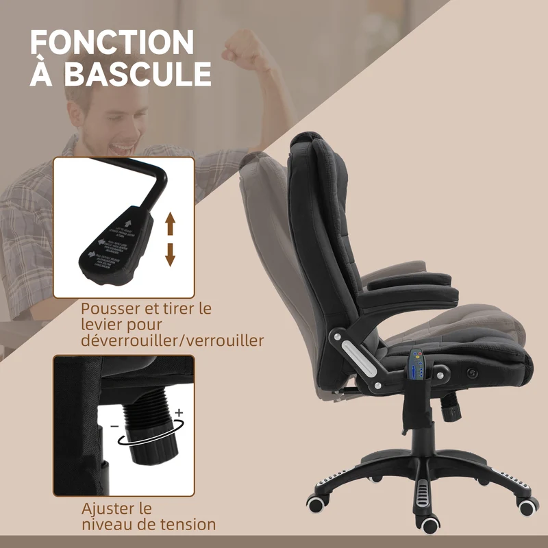 Fauteuil de bureau 68 x 72 x 110-120 cm massant chauffant moderne design ambiance cosy finition mate en polyester noir 21_0006151