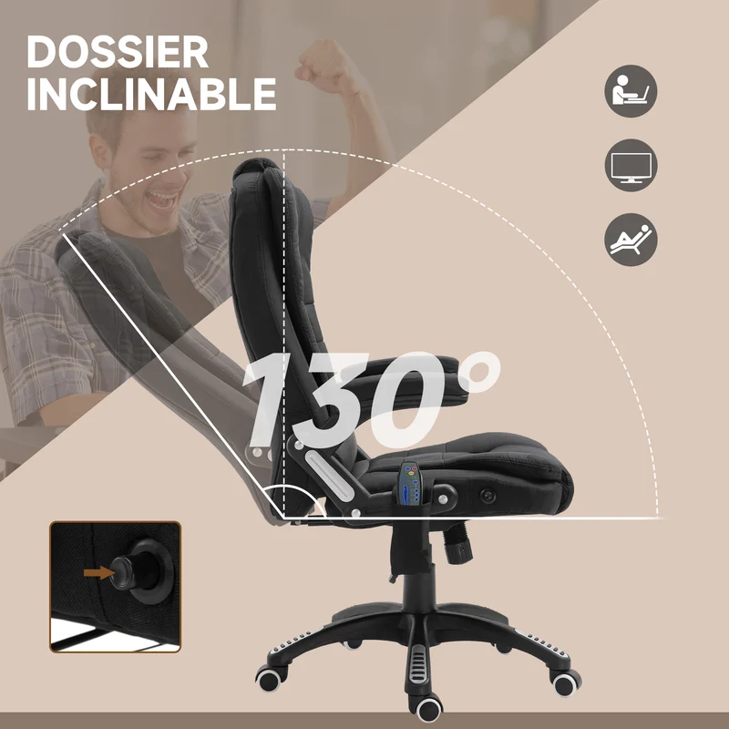 Fauteuil de bureau 68 x 72 x 110-120 cm massant chauffant moderne design ambiance cosy finition mate en polyester noir 21_0006151