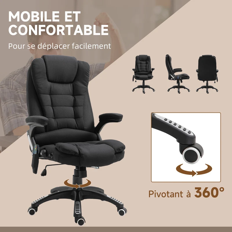 Fauteuil de bureau 68 x 72 x 110-120 cm massant chauffant moderne design ambiance cosy finition mate en polyester noir 21_0006151