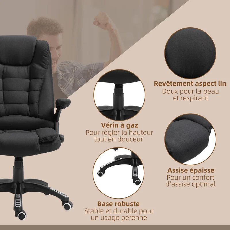 Fauteuil de bureau 68 x 72 x 110-120 cm massant chauffant moderne design ambiance cosy finition mate en polyester noir 21_0006151