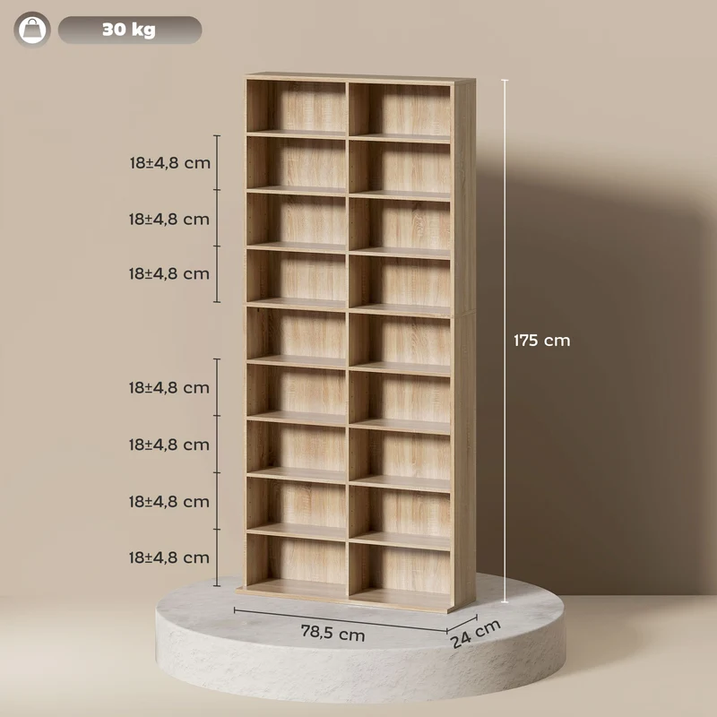 Etagère de rangement cd et dvd 78.5 x 24 x 175 cm 640 cd gain de place moderne en panneau de particules bois naturel 21_0002509