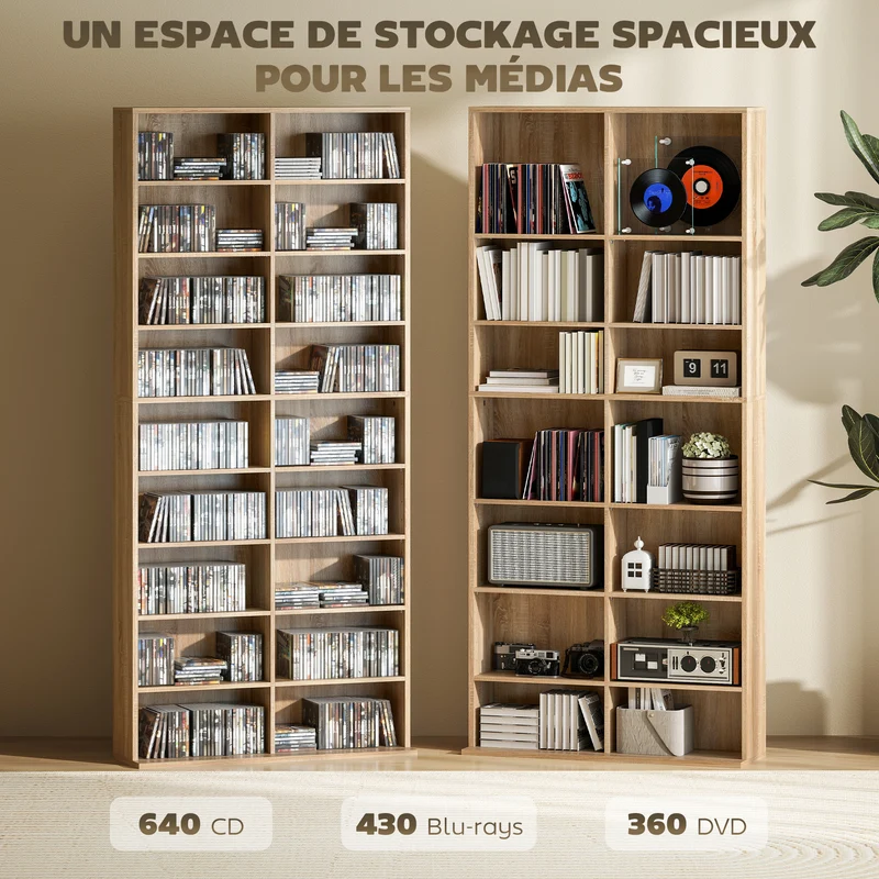 Etagère de rangement cd et dvd 78.5 x 24 x 175 cm 640 cd gain de place moderne en panneau de particules bois naturel 21_0002509