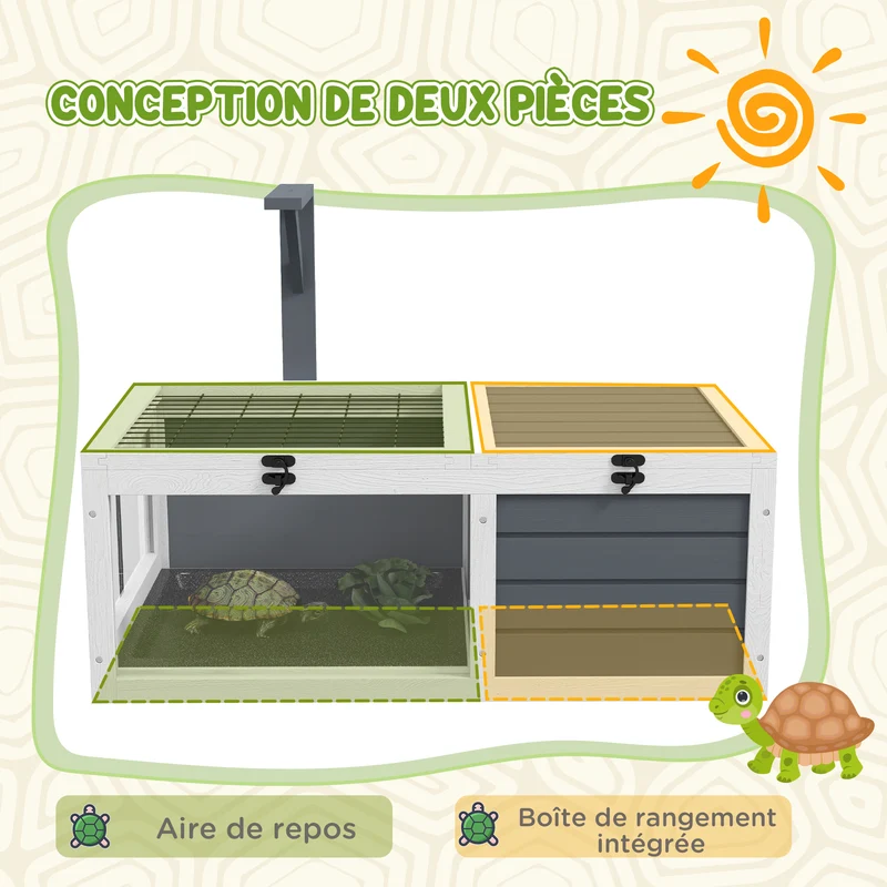 Enclos pour tortue double aire 81 x 48 x 31.5 cm niche abritée entretien facile contemporain scandinave en bois gris 21_0007839