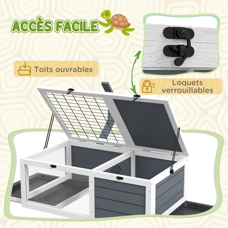 Enclos pour tortue double aire 81 x 48 x 31.5 cm niche abritée entretien facile contemporain scandinave en bois gris 21_0007839