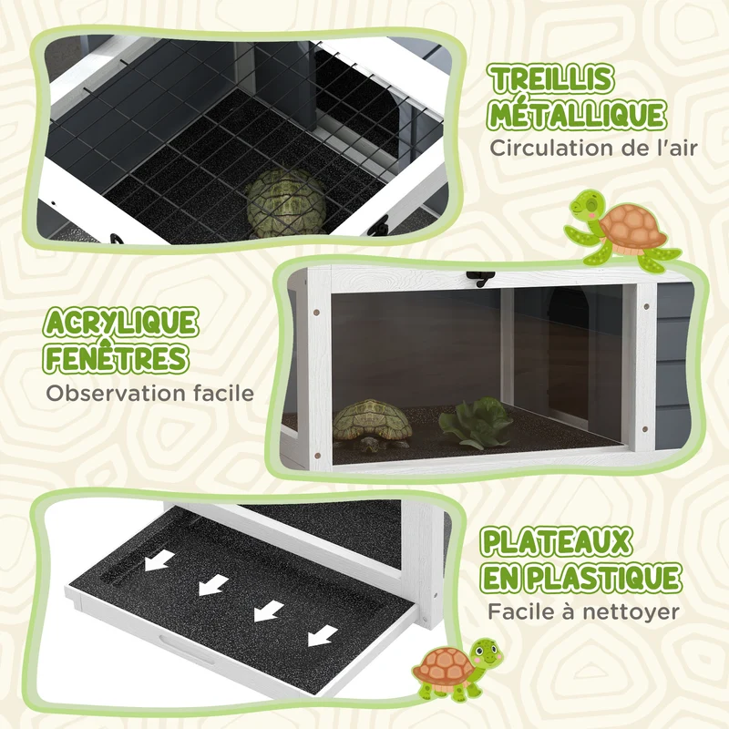 Enclos pour tortue double aire 81 x 48 x 31.5 cm niche abritée entretien facile contemporain scandinave en bois gris 21_0007839