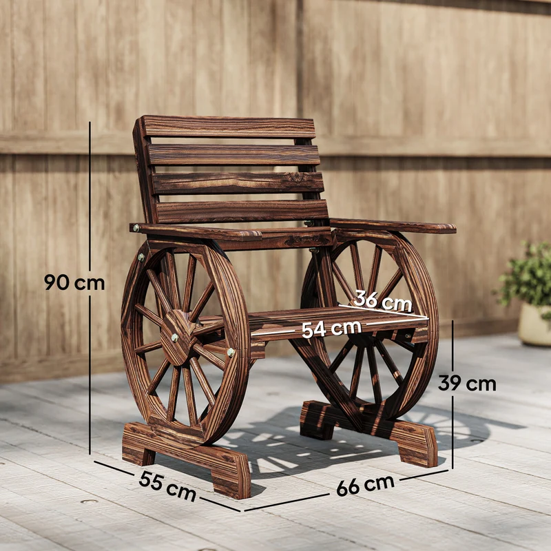 Chaise de jardin roue de chariot 66 x 55 x 90 cm assise large et dossier incliné évacuation eau rustique en bois noir 21_0005733