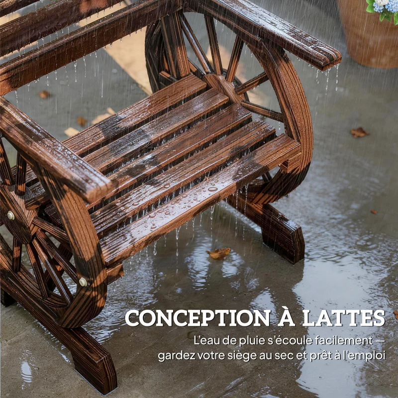 Chaise de jardin roue de chariot 66 x 55 x 90 cm assise large et dossier incliné évacuation eau rustique en bois noir 21_0005733