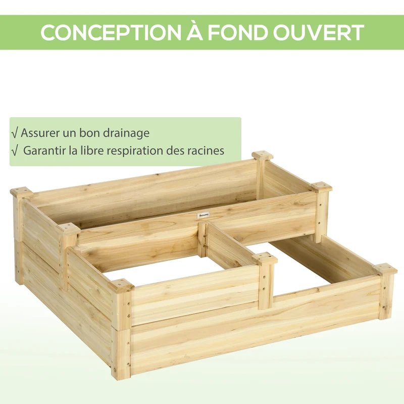 Carré potager en escalier jardin balcon terrasse 108 x 88 x 36 cm triple niveaux sans fond rustique en bois naturel 21_0004317