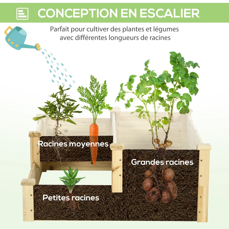Carré potager en escalier jardin balcon terrasse 108 x 88 x 36 cm triple niveaux sans fond rustique en bois naturel 21_0004317