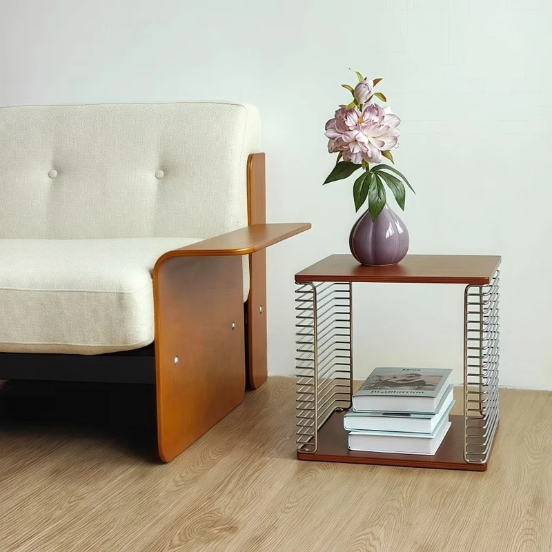 Contemporary Scandinavian Solid Wood Plywood Stainless Steel Square Hollow End Table 2-Tier For Living Room