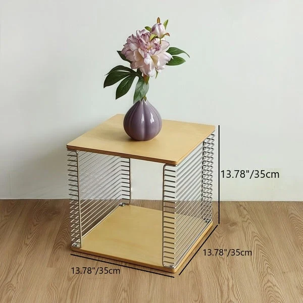 Contemporary Scandinavian Solid Wood Plywood Stainless Steel Square Hollow End Table 2-Tier For Living Room