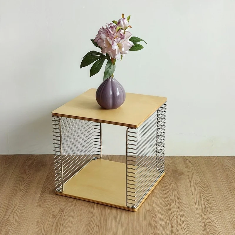Contemporary Scandinavian Solid Wood Plywood Stainless Steel Square Hollow End Table 2-Tier For Living Room