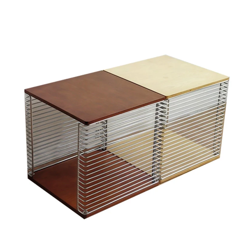 Contemporary Scandinavian Solid Wood Plywood Stainless Steel Square Hollow End Table 2-Tier For Living Room
