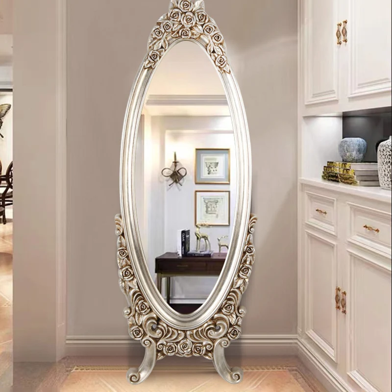 Traditional European Oval PU Faux Wood Float Glass Full-Length Mirror For Bedroom