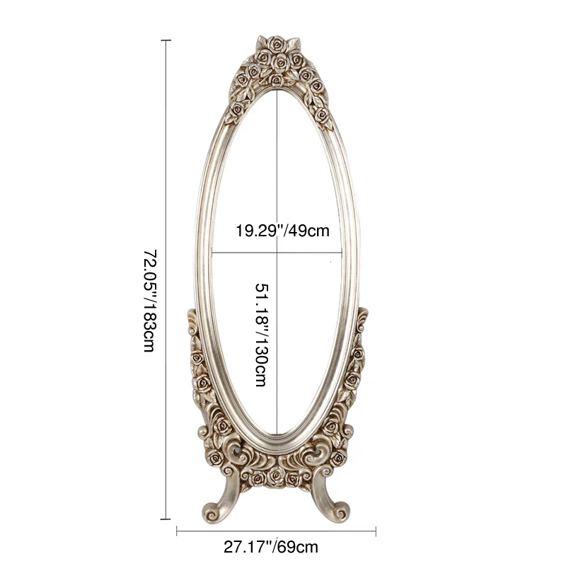 Traditional European Oval PU Faux Wood Float Glass Full-Length Mirror For Bedroom