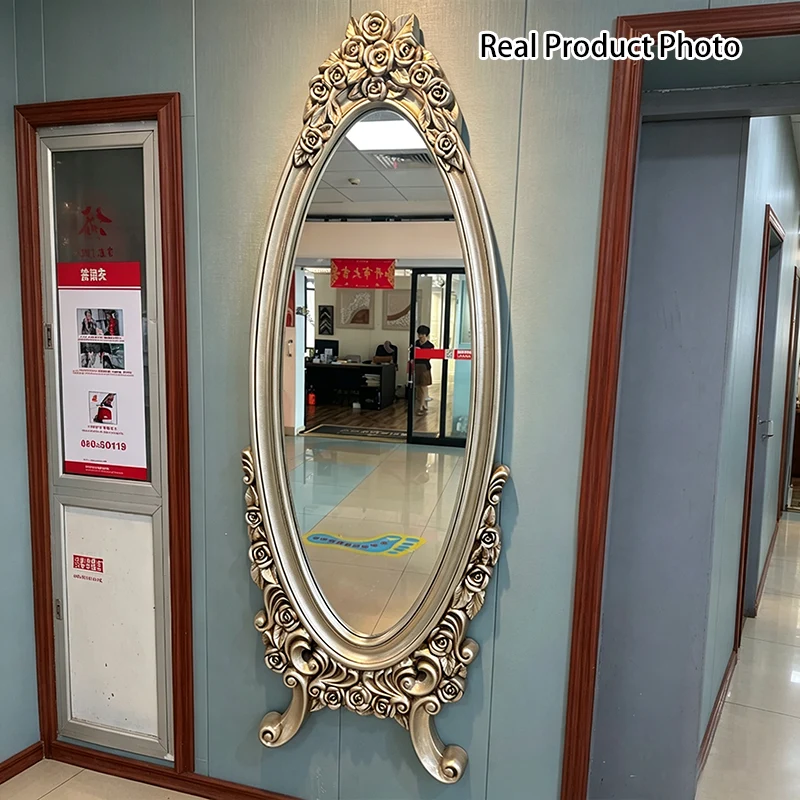 Traditional European Oval PU Faux Wood Float Glass Full-Length Mirror For Bedroom