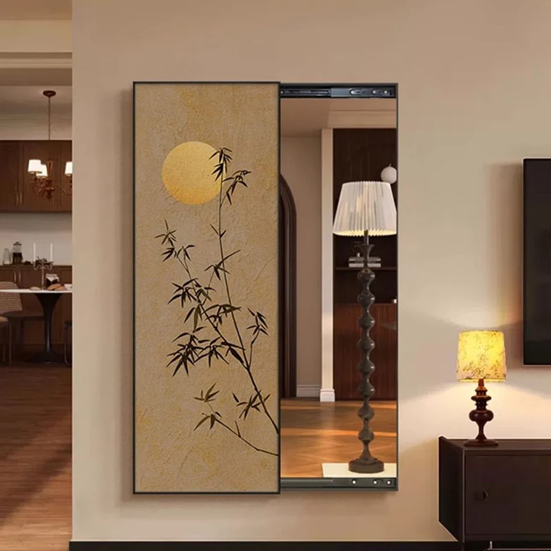 Traditional Chinese Rectangular Aluminum Alloy Crystal Ceramic Canvas Float Glass Push-Slide Full-Length Mirror For Bedroom & Entryways