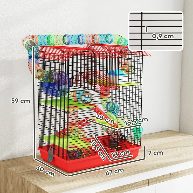 Cage pour hamsters et souris multi étages 47 x 30 x 59 cm espace de jeu accès facile style contemporain en métal rouge 21_0007909