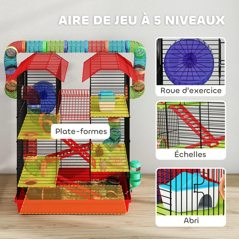 Cage pour hamsters et souris multi étages 47 x 30 x 59 cm espace de jeu accès facile style contemporain en métal rouge 21_0007909