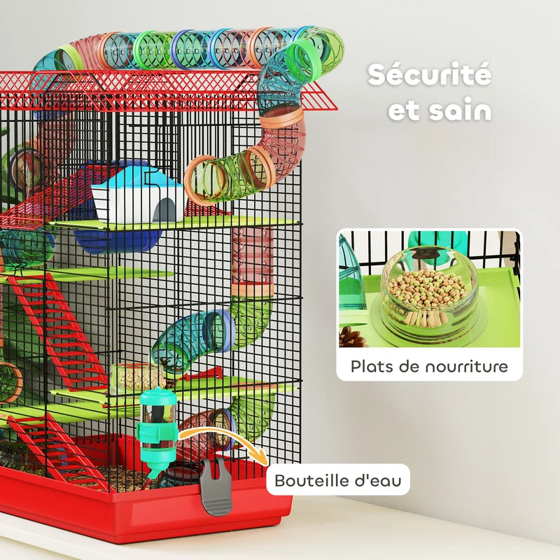 Cage pour hamsters et souris multi étages 47 x 30 x 59 cm espace de jeu accès facile style contemporain en métal rouge 21_0007909